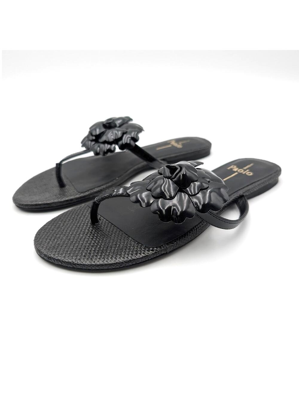 Linea Paolo Laurel Flower Sandals Open Toe Women's Black Size US7.5M EU38